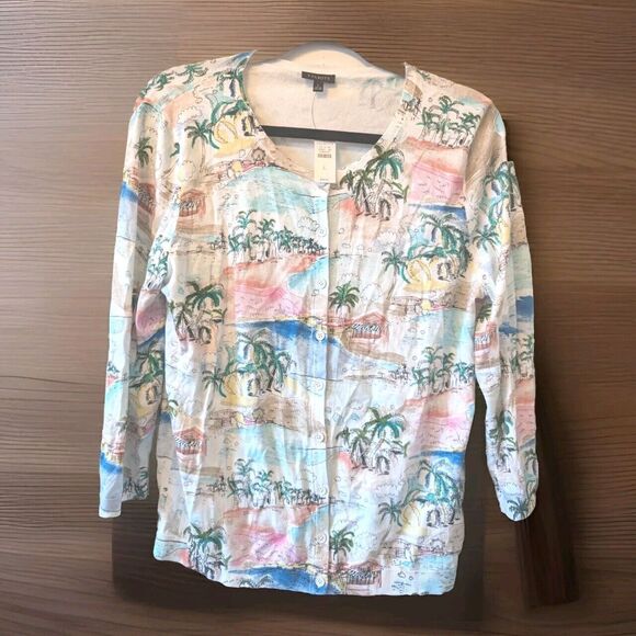 TALBOTS PALM TREE PRINT 3/4 SLEEVE CARDIGAN WOMEN'S SIZE L - Picture 3 of 7